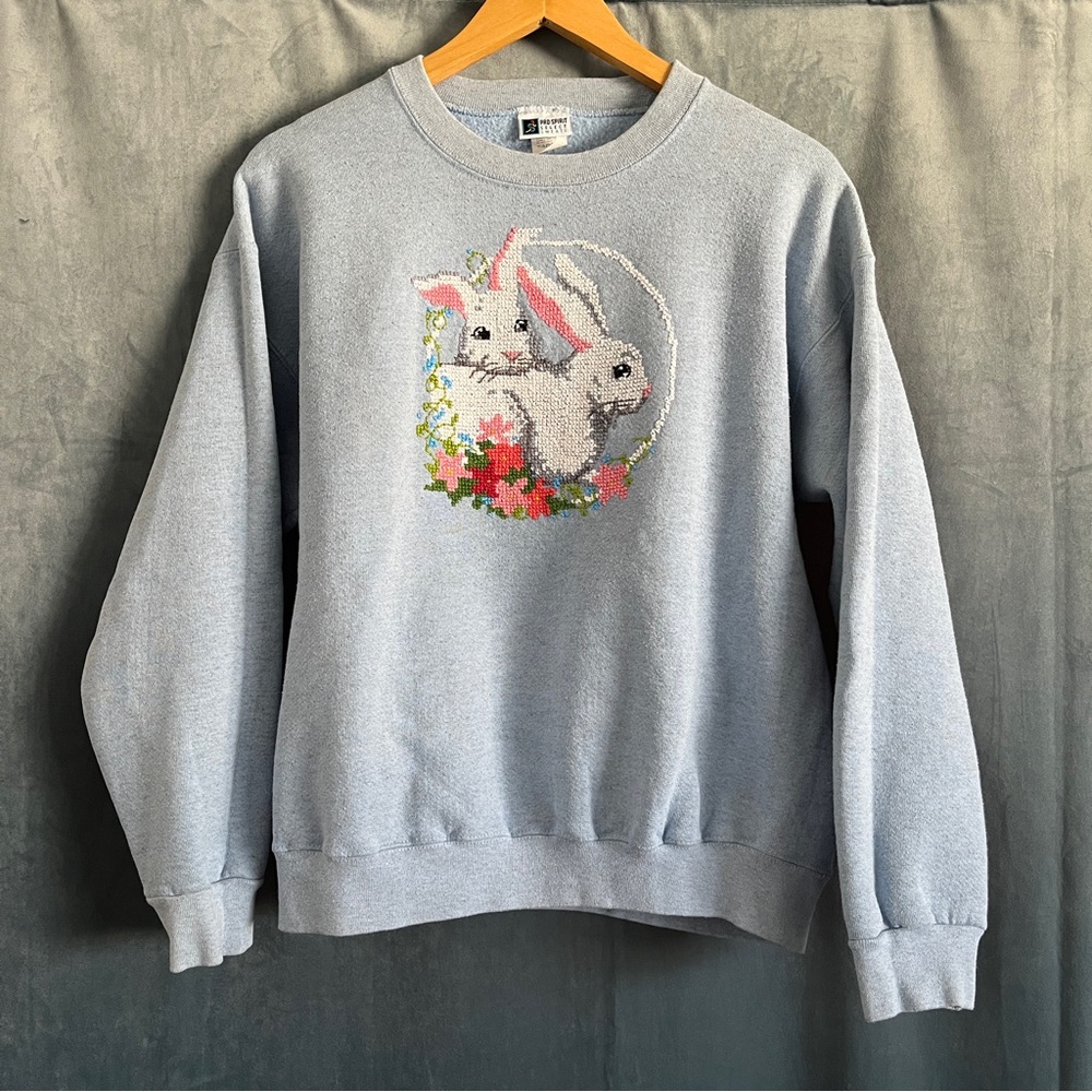 Vintage Bunny Rabbit Cross Stitch Crewneck Sweatshirt Easter CottageCore Grandma